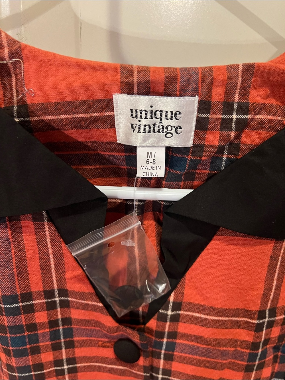 Unique Vintage orange Plaid Dress with Black Collar